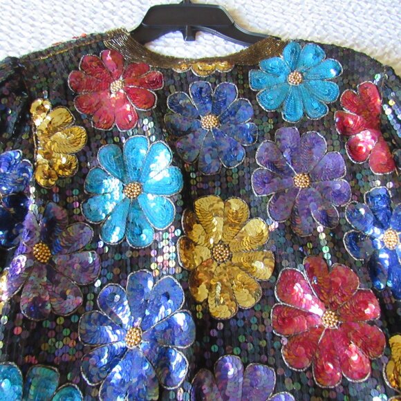 Vintage Evening Sequin Evening Jacket Mod Floral Designer Silk Colorful - Picture 9 of 13